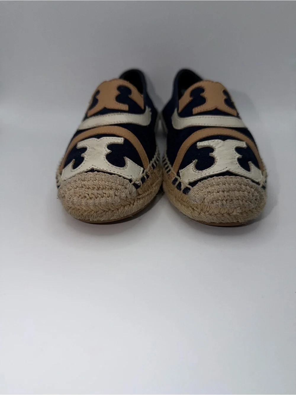 Tony Burch Navy Canvas Espadrilles with Tan & Cream Logo